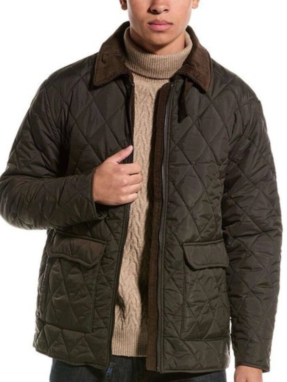 Magaschoni Quilted Olive Green Jacket with Brown Corduroy Collar